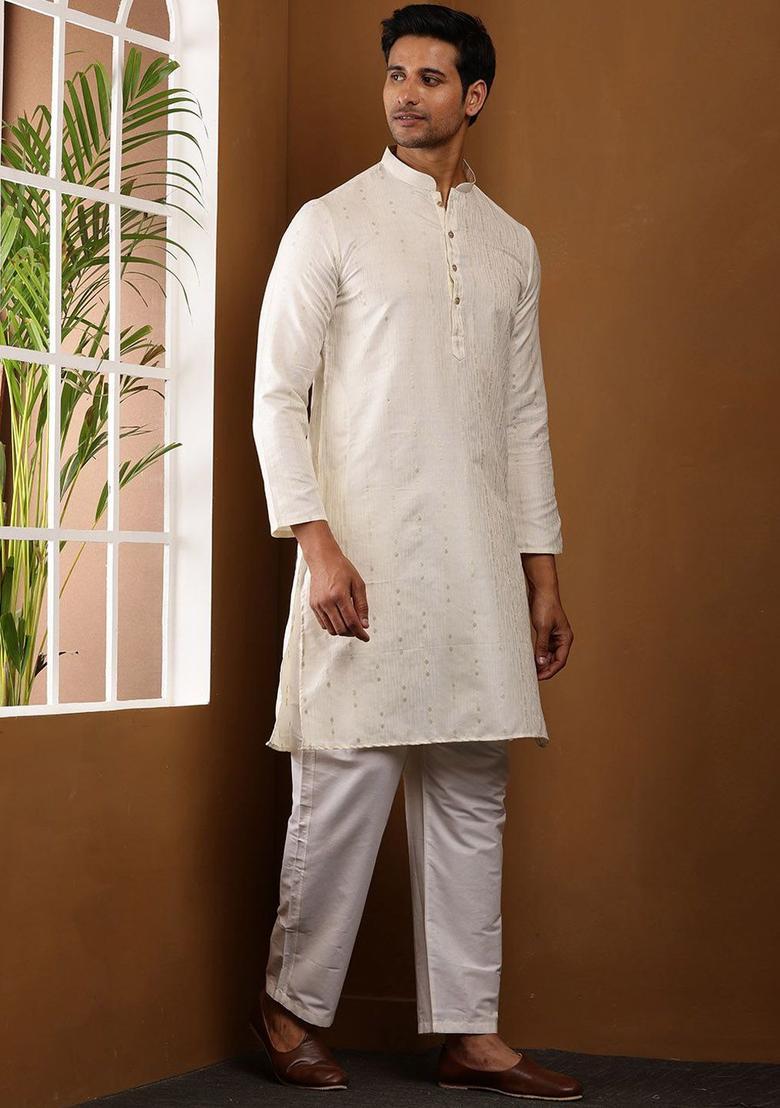 Off White Self Design Viscose Kurta Set For Men - Indya