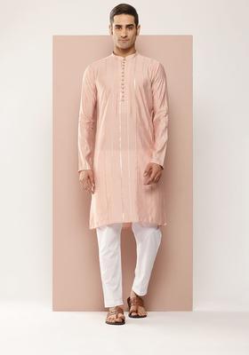 Pink Embroidered Silk Kurta Set For Men