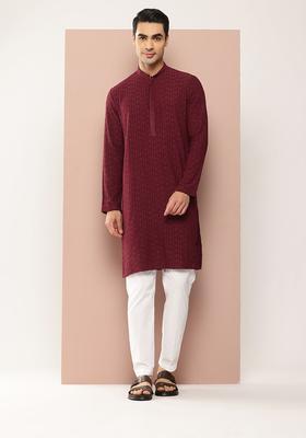 Maroon Embroidered Viscose Kurta Set For Men
