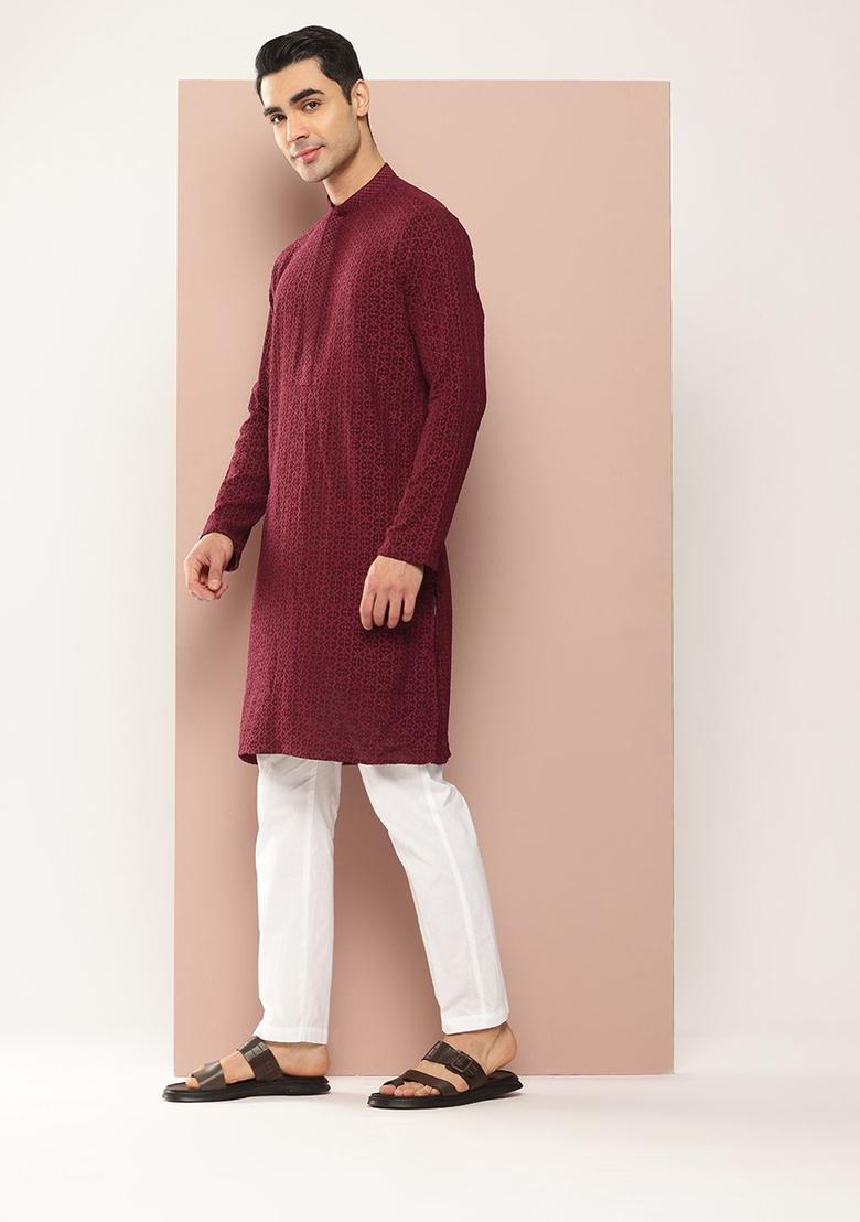 Maroon Embroidered Viscose Kurta Set For Men - Indya