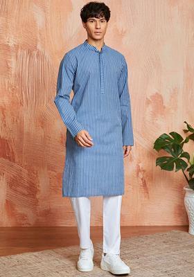 Blue Striped Cotton Kurta Set For Men