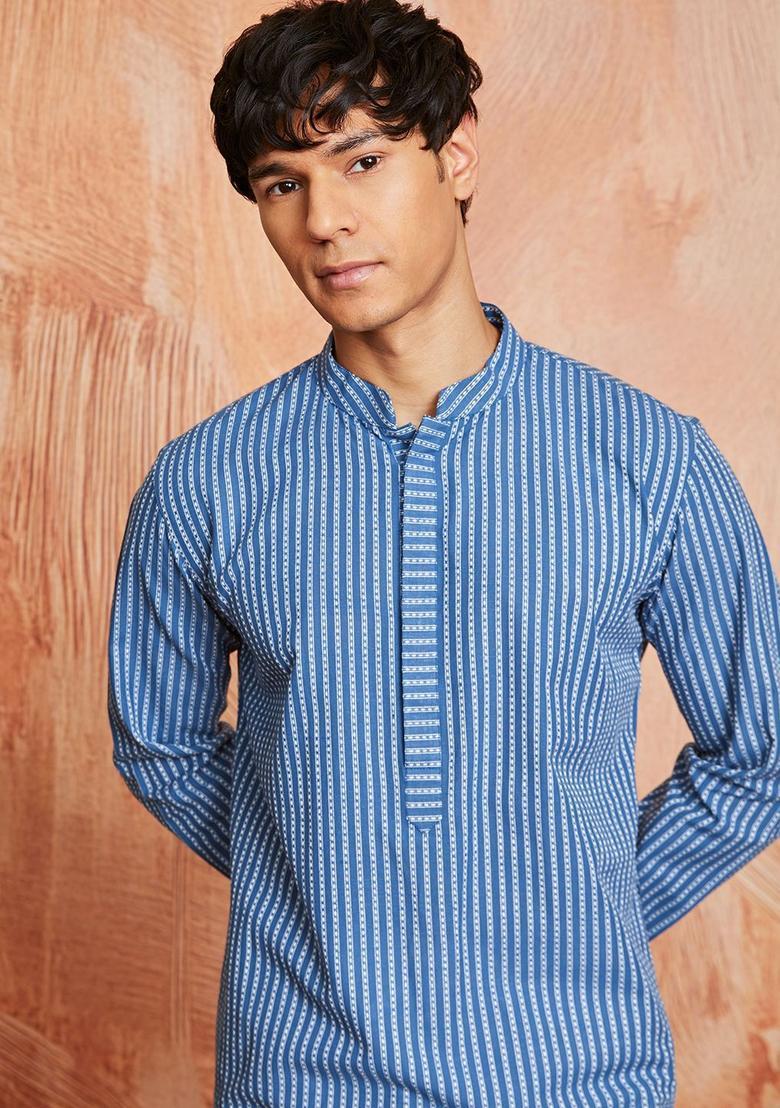 Blue Striped Cotton Kurta Set For Men - Indya
