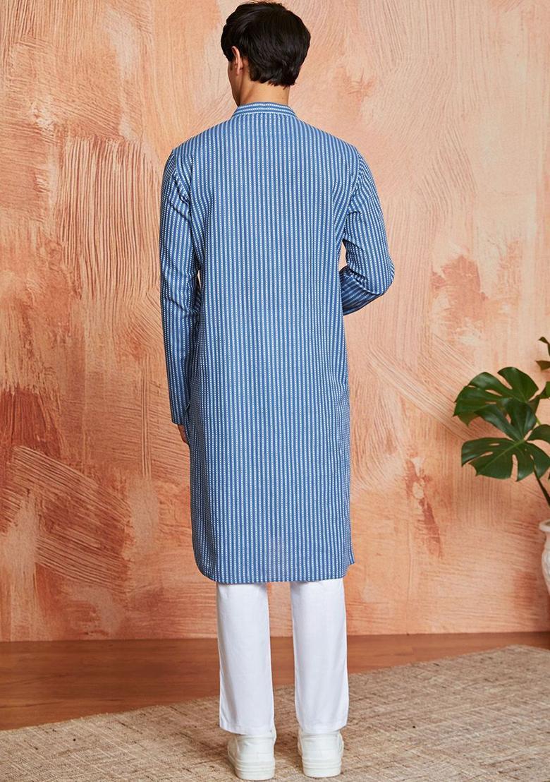 Blue Striped Cotton Kurta Set For Men - Indya
