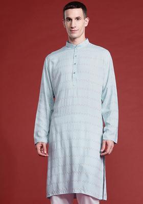 Blue Striped Cotton Kurta Set For Men