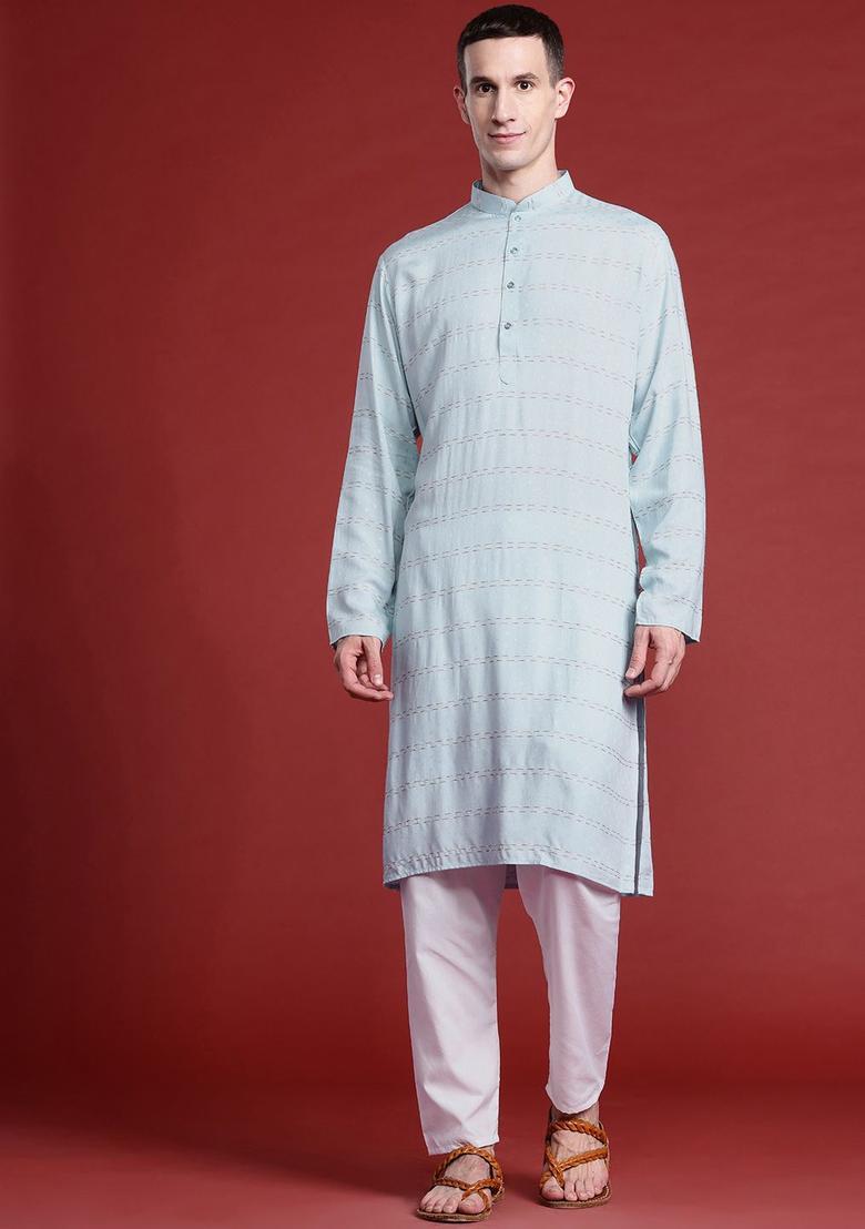 Blue Striped Cotton Kurta Set For Men - Indya