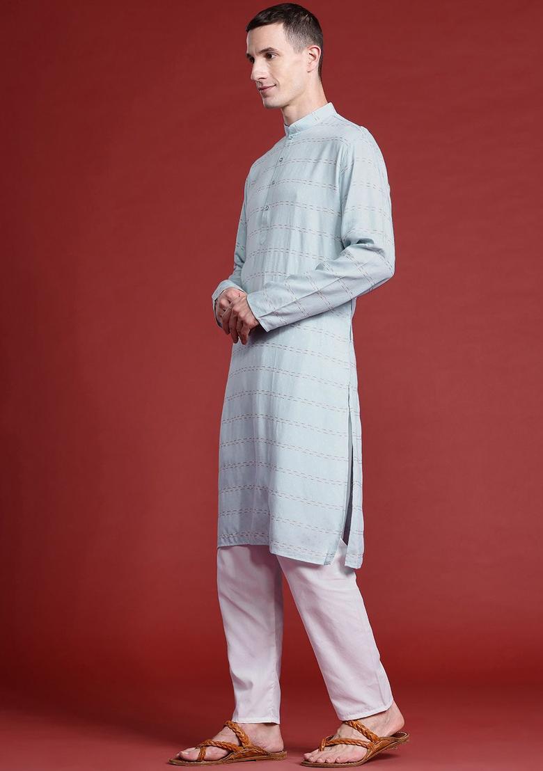 Blue Striped Cotton Kurta Set For Men - Indya