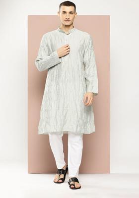 Green Embroidered Viscose Kurta Set For Men