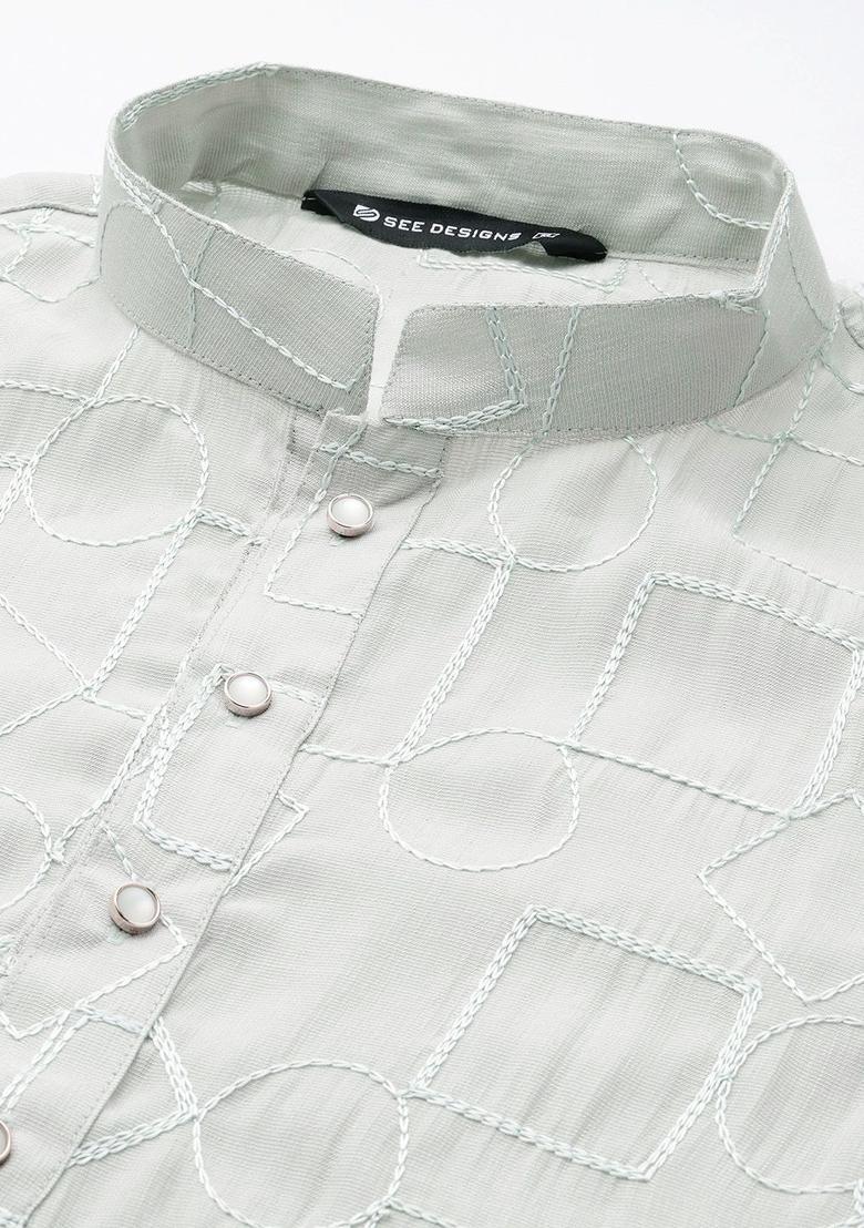 Green Embroidered Viscose Kurta Set For Men - Indya