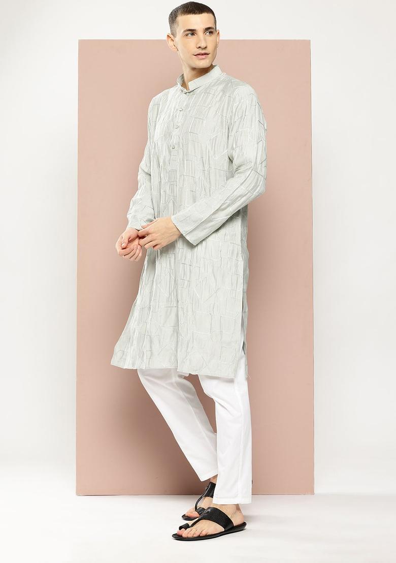 Green Embroidered Viscose Kurta Set For Men - Indya