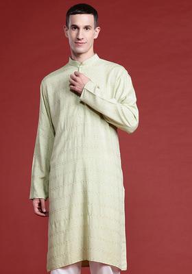 Green Striped Cotton Kurta Set For Men