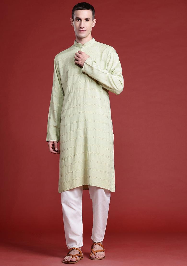 Green Striped Cotton Kurta Set For Men - Indya
