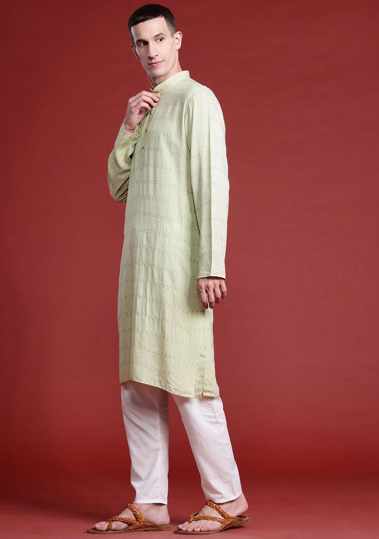 Green Striped Cotton Kurta Set For Men - Indya
