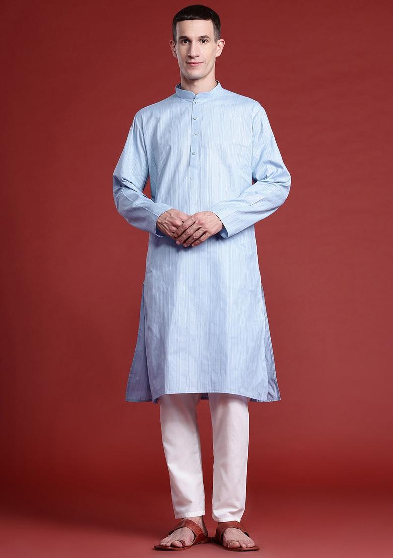 Blue Striped Cotton Kurta Set For Men - Indya