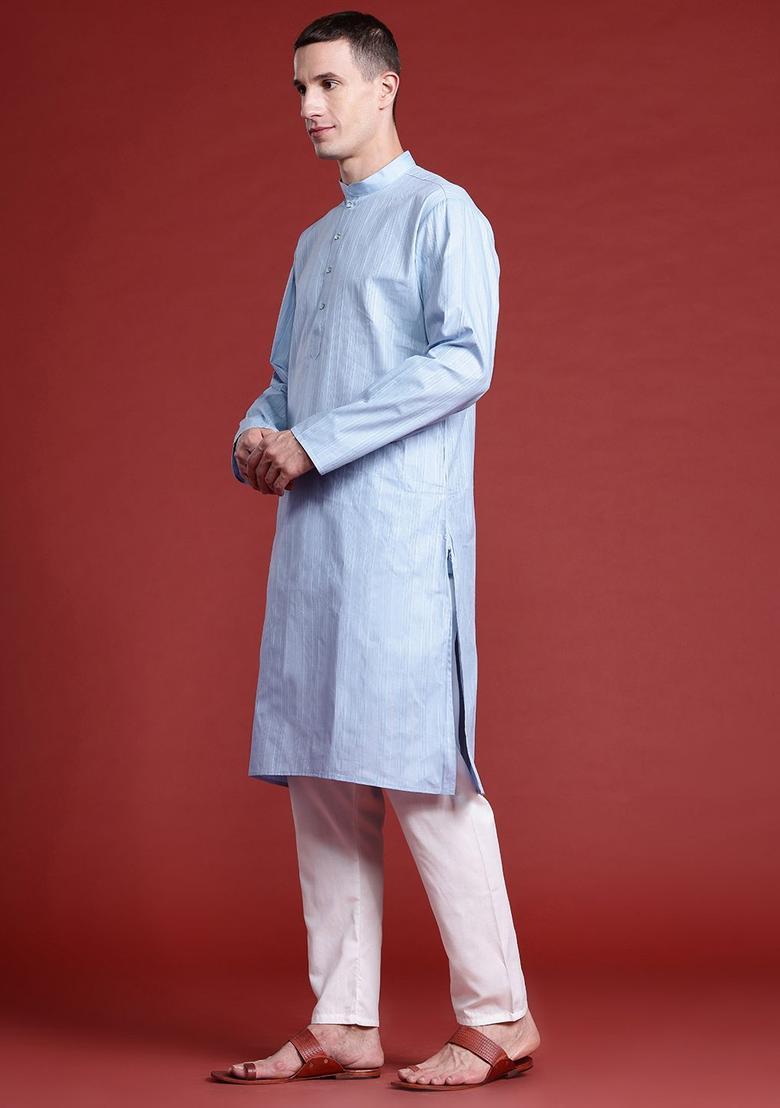 Blue Striped Cotton Kurta Set For Men - Indya