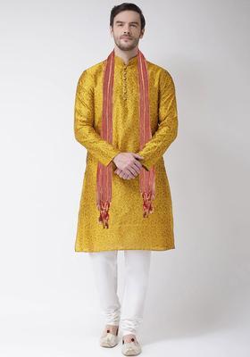 Yellow Embroidered Silk Kurta Set For Men