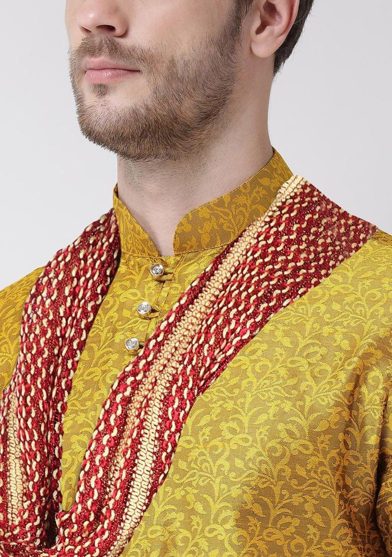 Yellow Embroidered Silk Kurta Set For Men - Indya