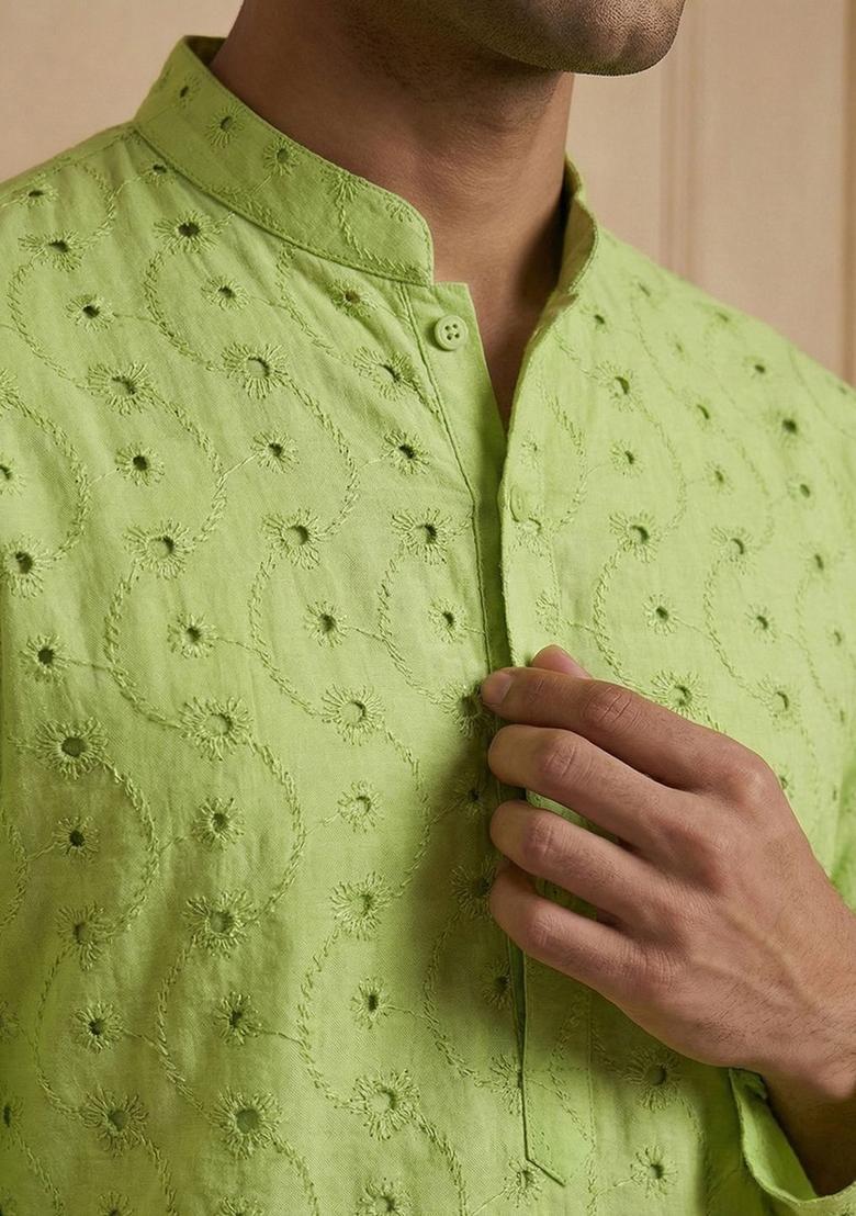 Lime Green Embroidered Cotton Kurta Set For Men - Indya