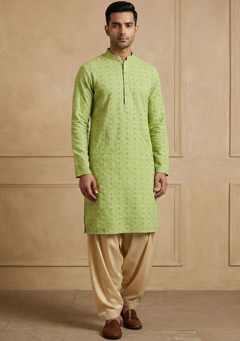 Lime Green Embroidered Cotton Kurta Set For Men - Indya
