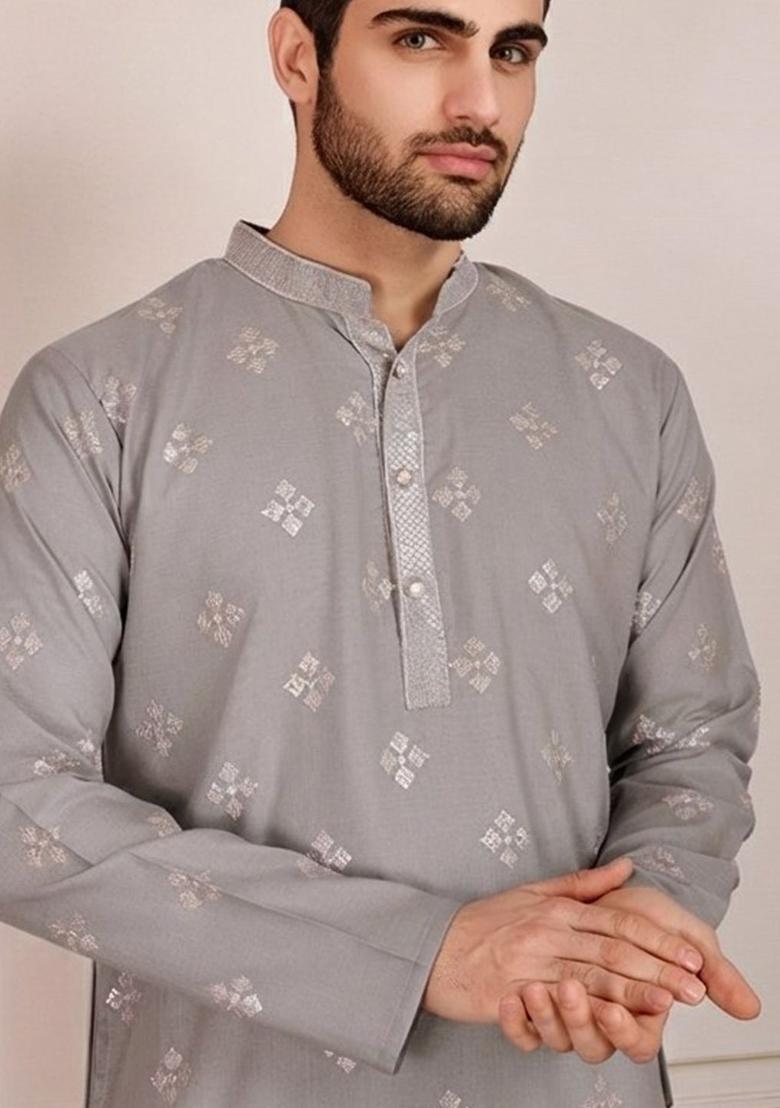 Grey Embroidered Cotton Kurta Set For Men - Indya