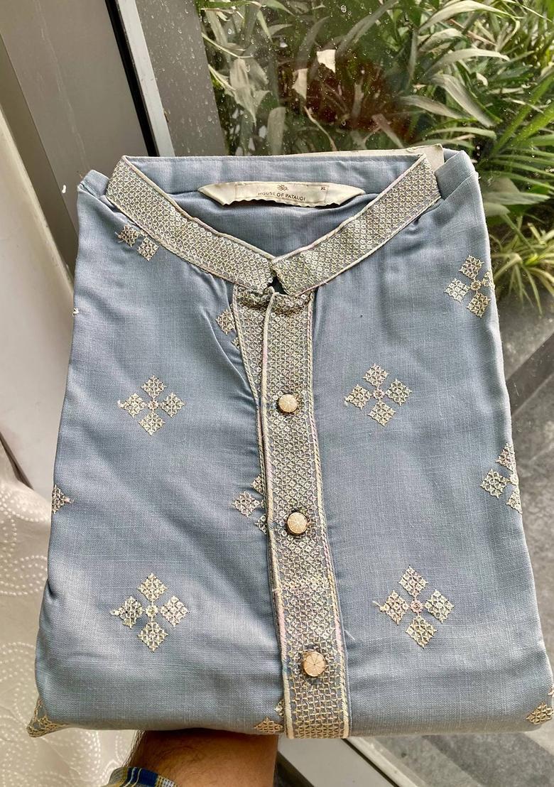 Grey Embroidered Cotton Kurta Set For Men - Indya