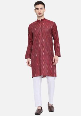 Maroon Woven Design Cotton Kurta Set For Men