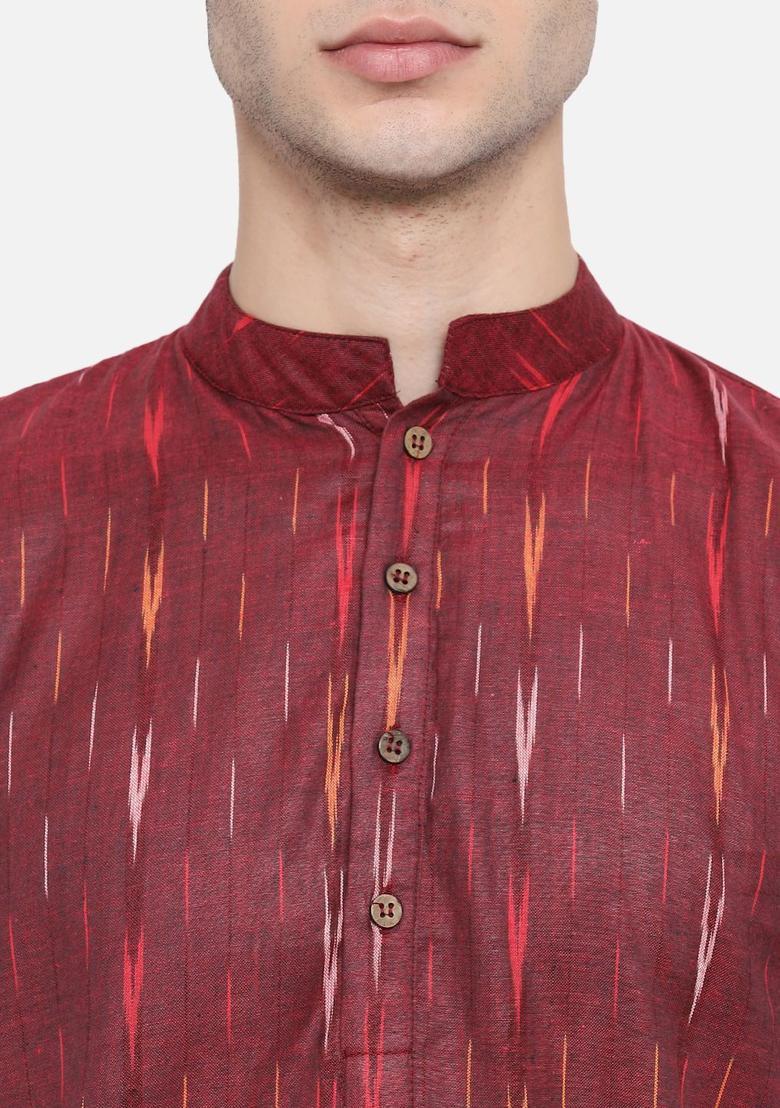Maroon Woven Design Cotton Kurta Set For Men - Indya