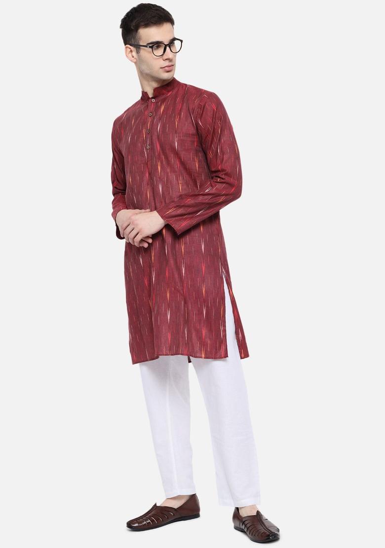 Maroon Woven Design Cotton Kurta Set For Men - Indya