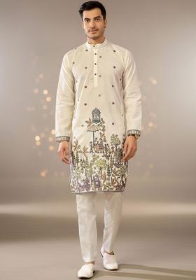 Off White Embroidered Cotton Kurta Set For Men