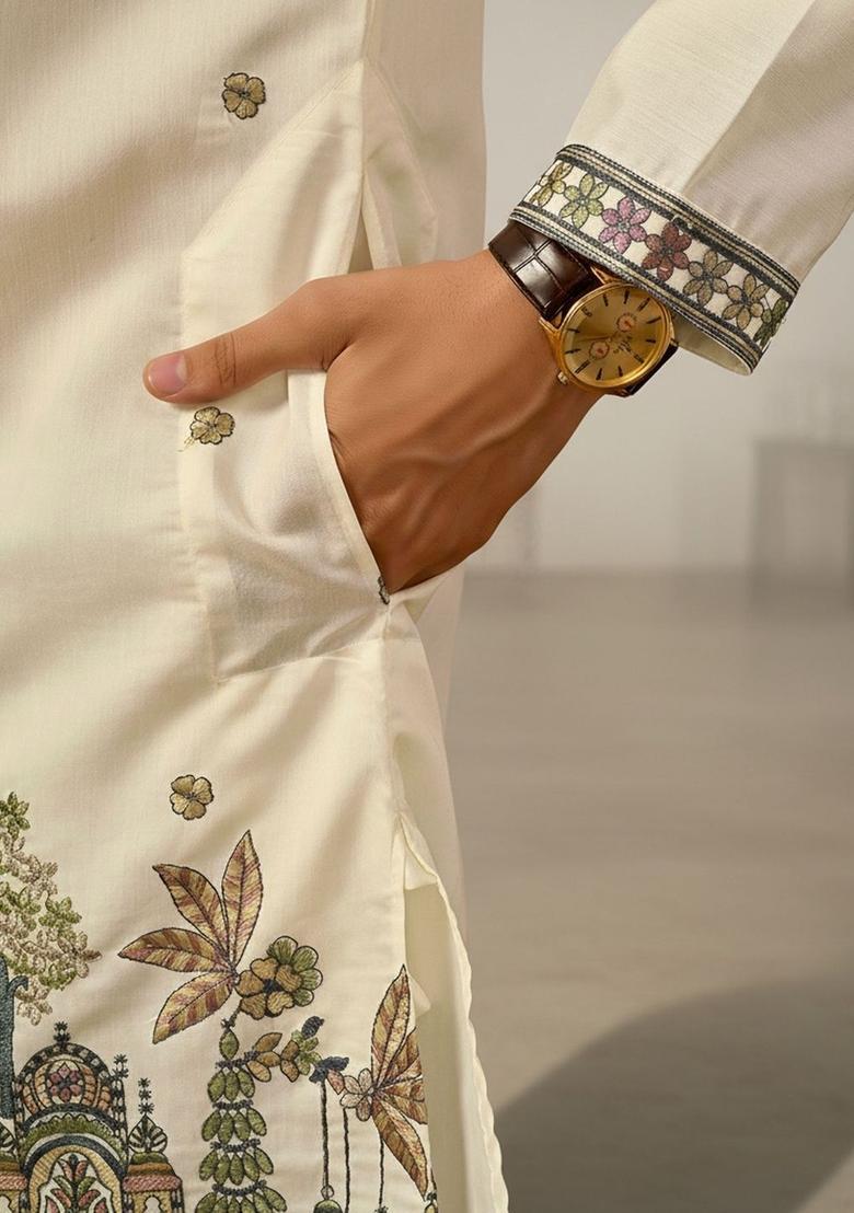 Off White Embroidered Cotton Kurta Set For Men - Indya