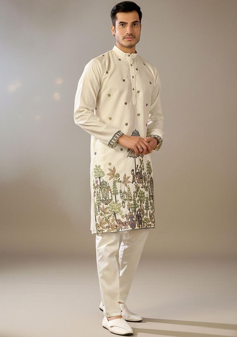 Off White Embroidered Cotton Kurta Set For Men - Indya