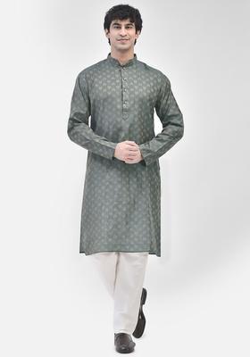 Grey Striped Cotton Kurta Set For Men