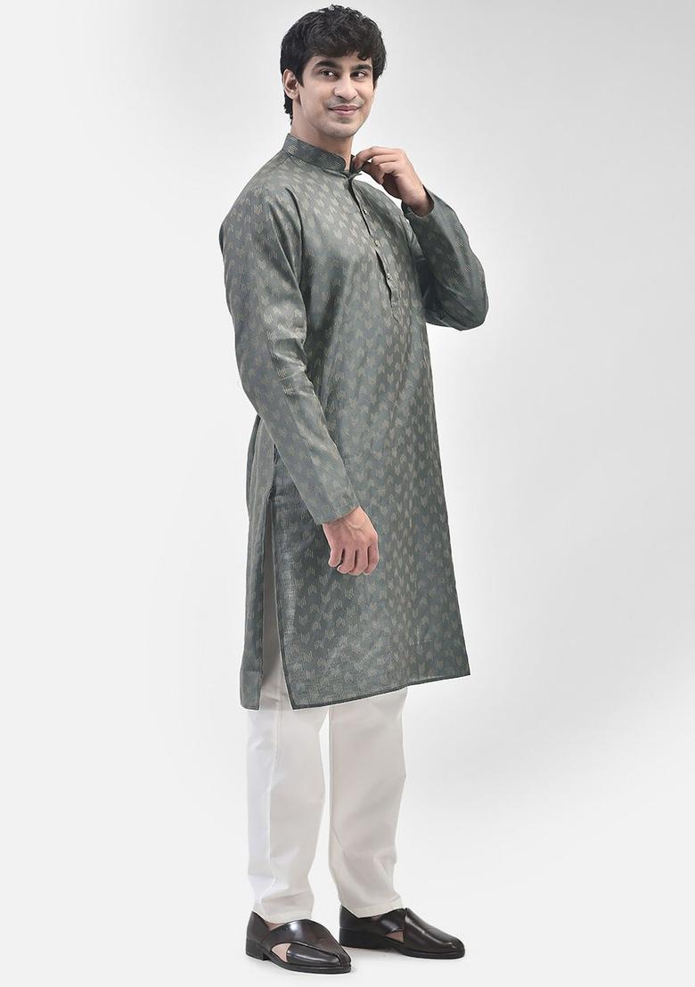 Grey Striped Cotton Kurta Set For Men - Indya