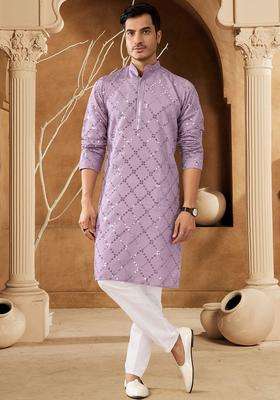 Lavender Embroidered Cotton Kurta Set For Men