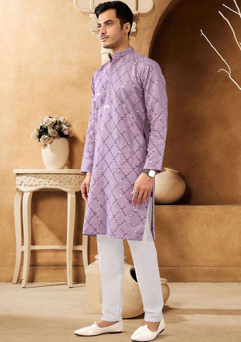 Lavender Embroidered Cotton Kurta Set For Men - Indya