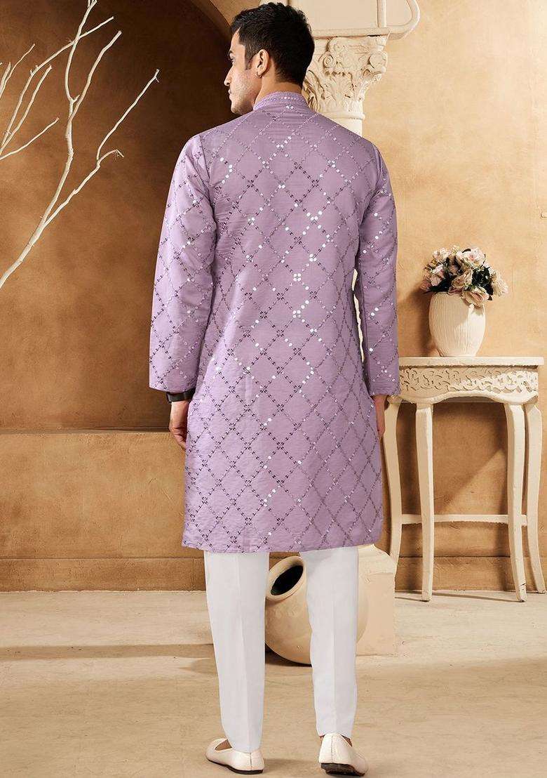 Lavender Embroidered Cotton Kurta Set For Men - Indya
