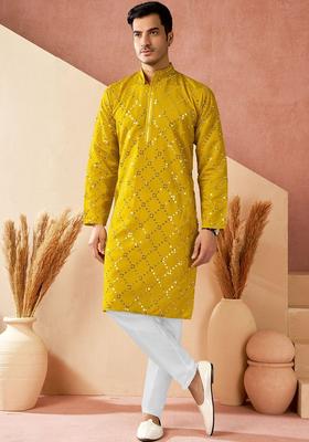 Yellow Embroidered Silk Kurta Set For Men