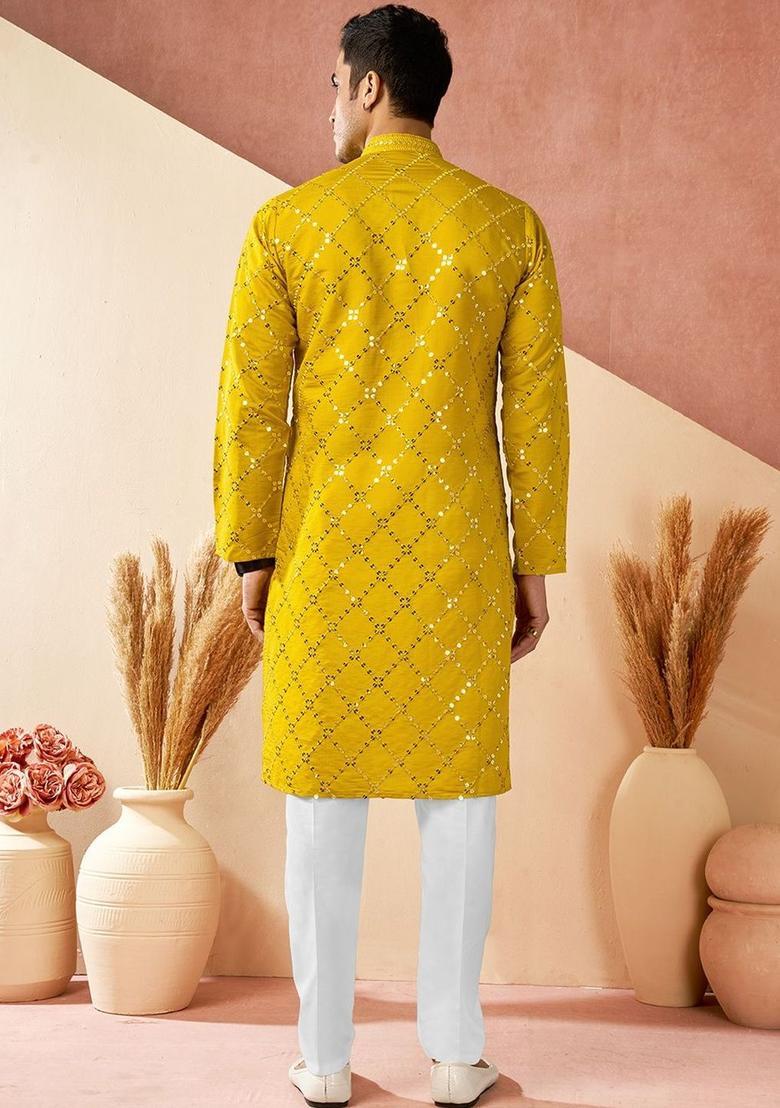 Yellow Embroidered Silk Kurta Set For Men - Indya