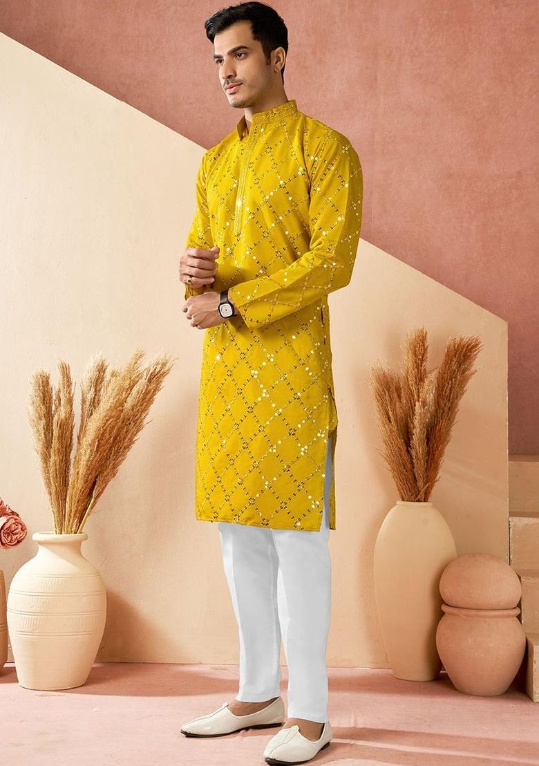 Yellow Embroidered Silk Kurta Set For Men - Indya