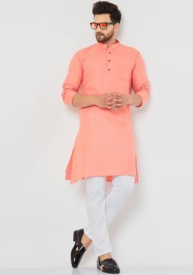 Peach Solid Cotton Kurta Set For Men