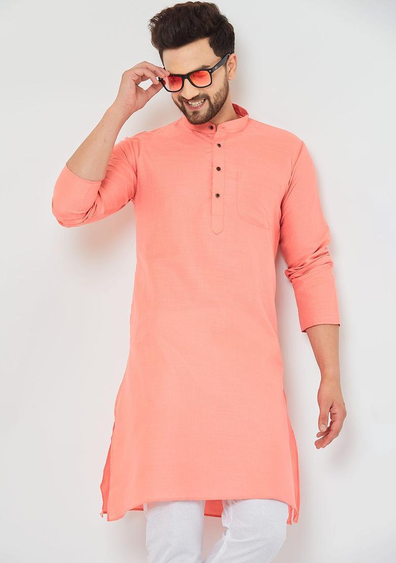 Peach Solid Cotton Kurta Set For Men - Indya