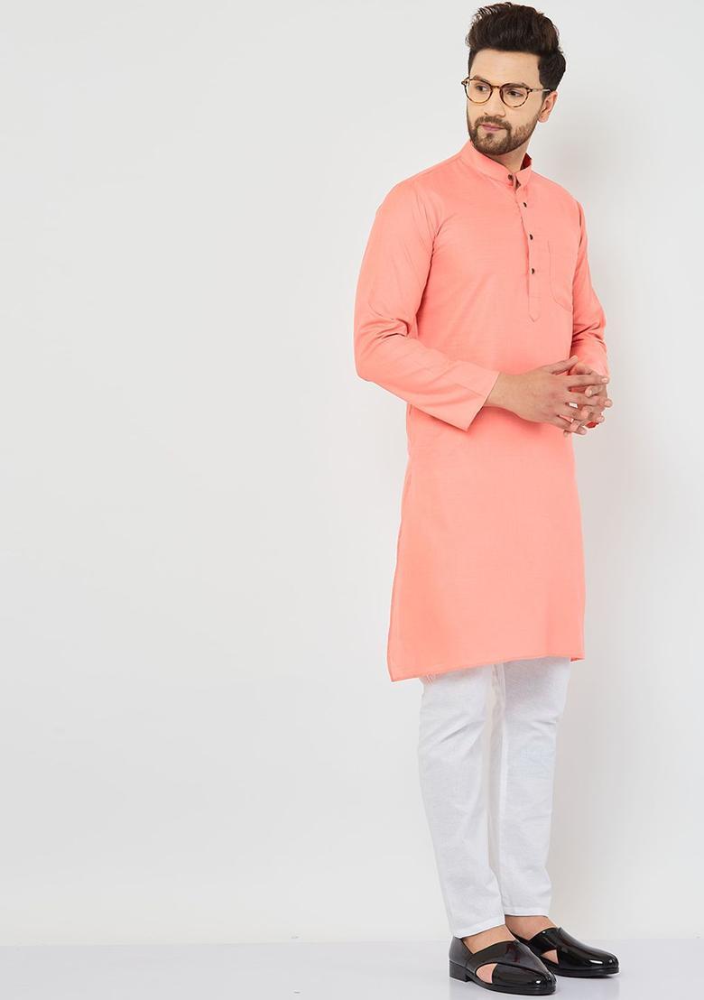 Peach Solid Cotton Kurta Set For Men - Indya