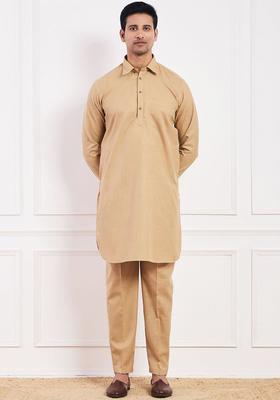 Beige Solid Cotton Kurta Set For Men