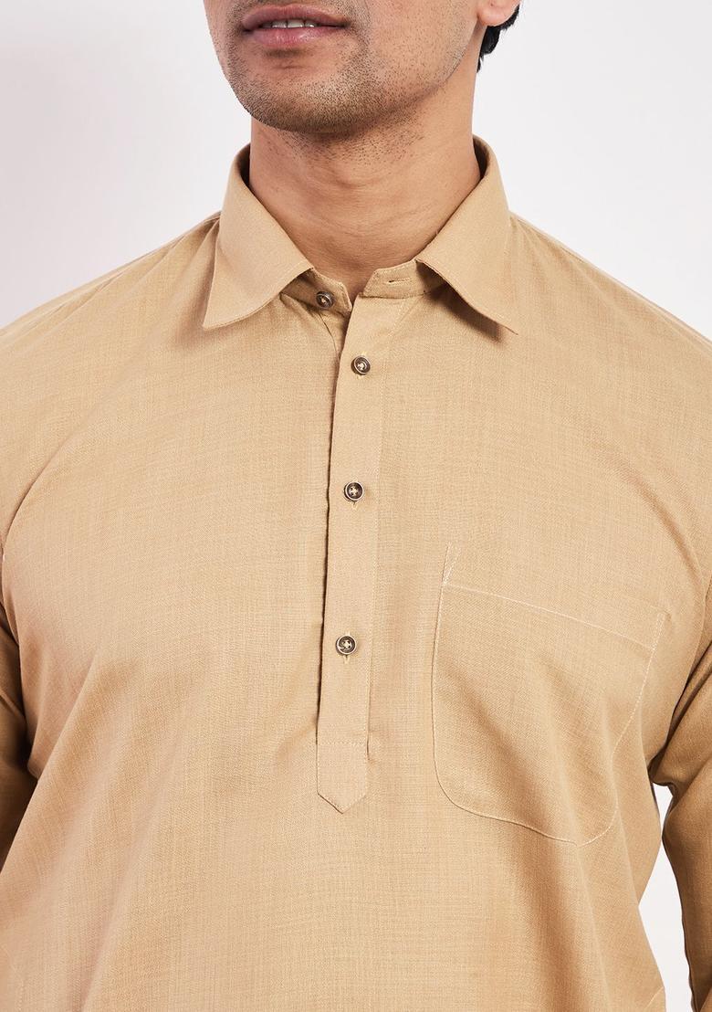 Beige Solid Cotton Kurta Set For Men - Indya