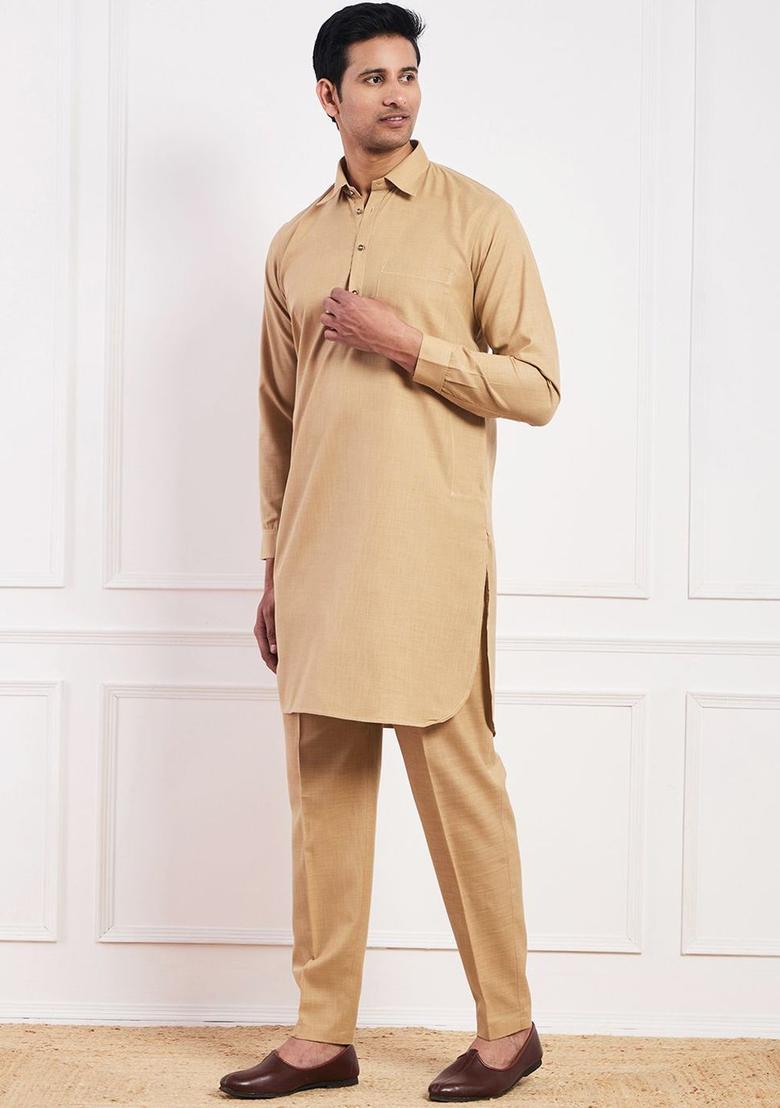 Beige Solid Cotton Kurta Set For Men - Indya