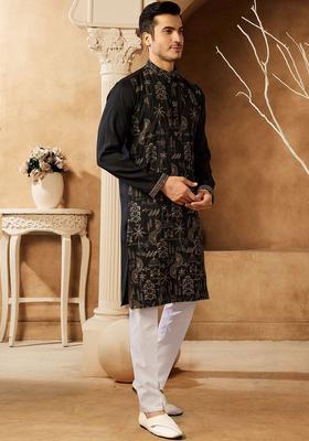 Black Printed Cotton Kurta Set For Men