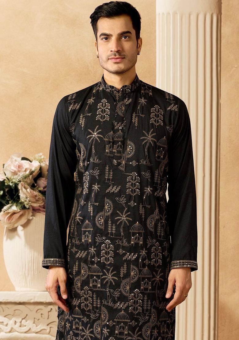 Black Printed Cotton Kurta Set For Men - Indya