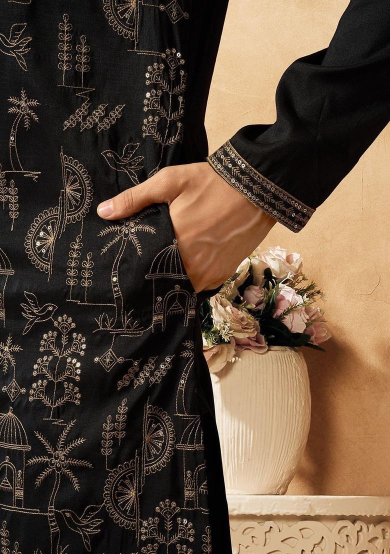 Black Printed Cotton Kurta Set For Men - Indya