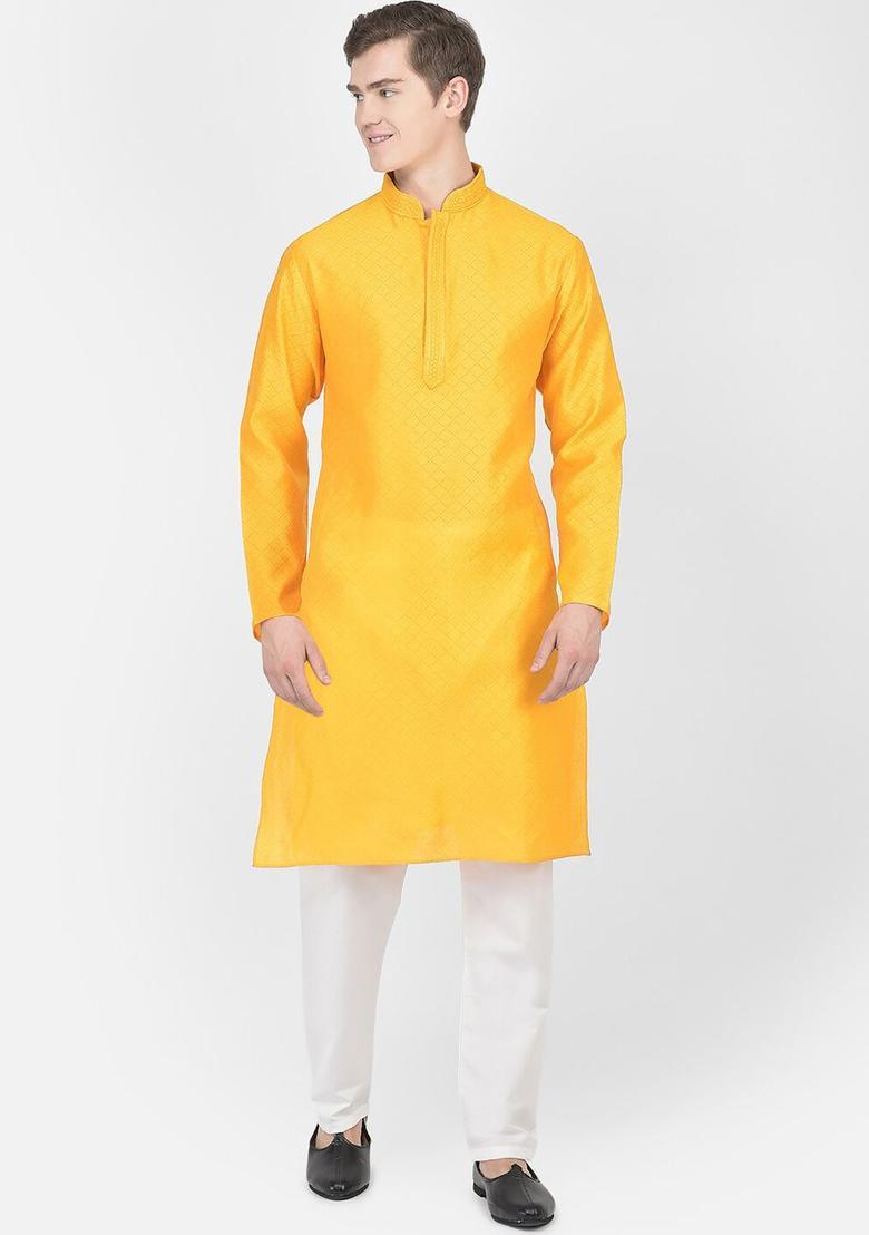 Yellow Woven Design Silk Kurta Set For Men - Indya