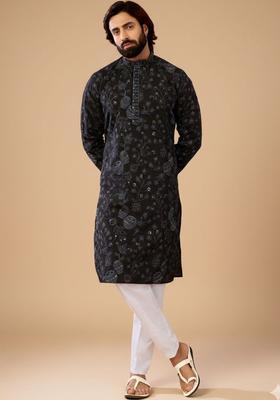 Black Printed Cotton Kurta Set For Men