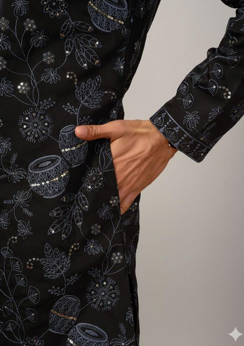 Black Printed Cotton Kurta Set For Men - Indya